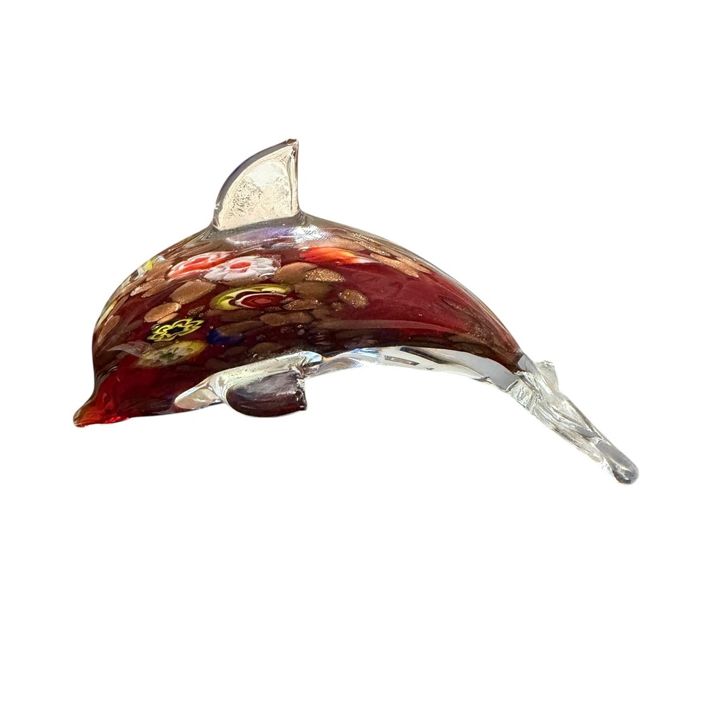 Murano Style Art Glass Dolphin Figurine Red Millefiori Gold Aventurine 5.5"